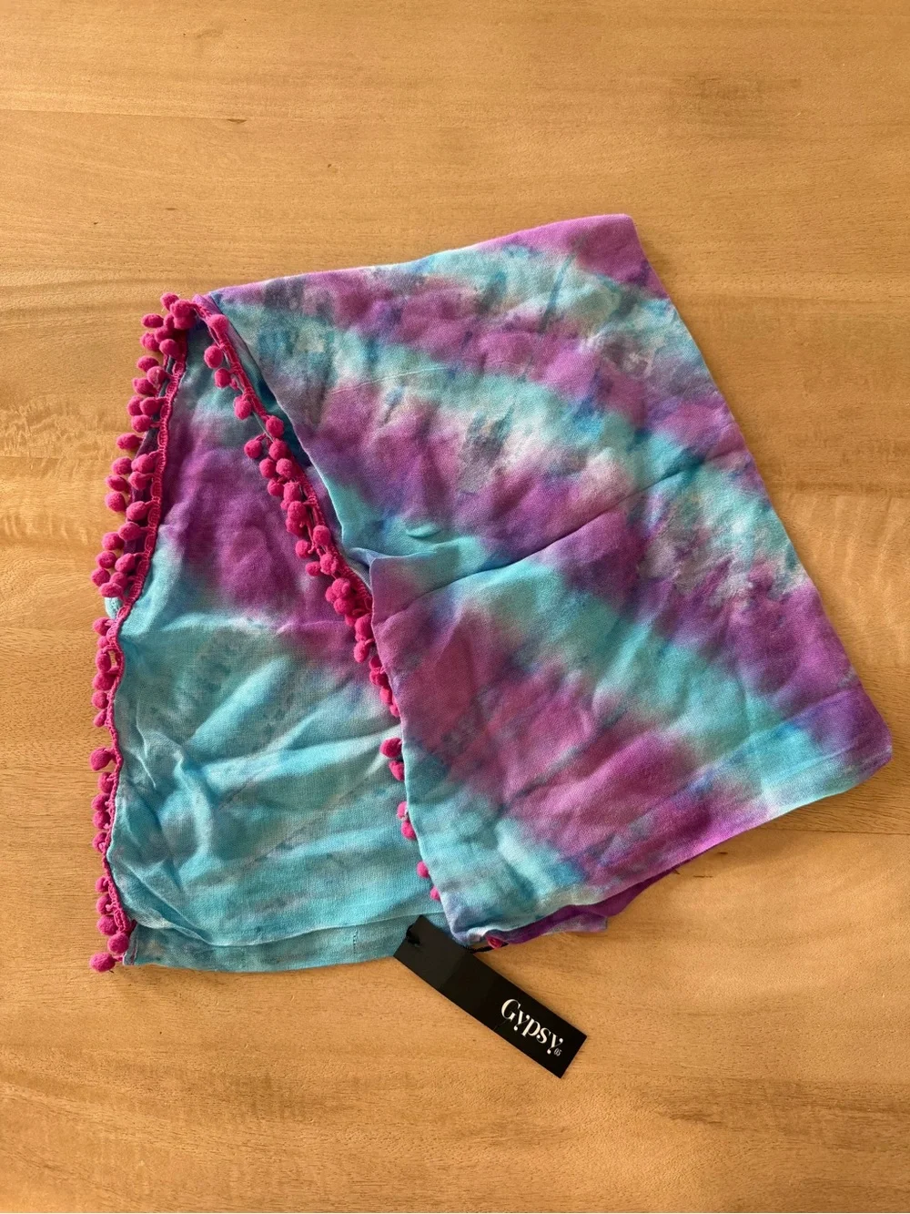 Gypsy 05 Purple and Teal Tie-Dye Scarf with Pom Trim
